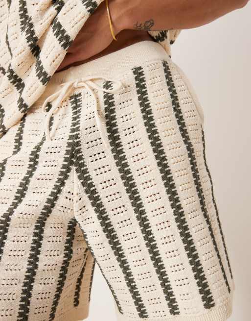 ASOS DESIGN crochet knit shorts with stripe pattern in ecru and dark green - part of a set