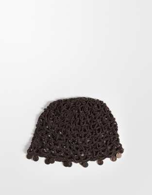 Asos Design Crochet Knit Skull Cap With Faux Shell Trim In Brown