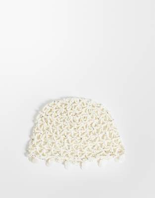 Asos Design Crochet Knit Skull Cap With Faux Shell Trim In Neutral