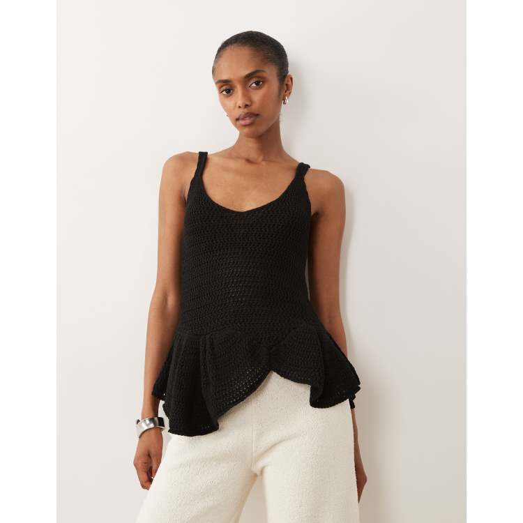 ASOS DESIGN crochet knit summer peplum top in black | ASOS