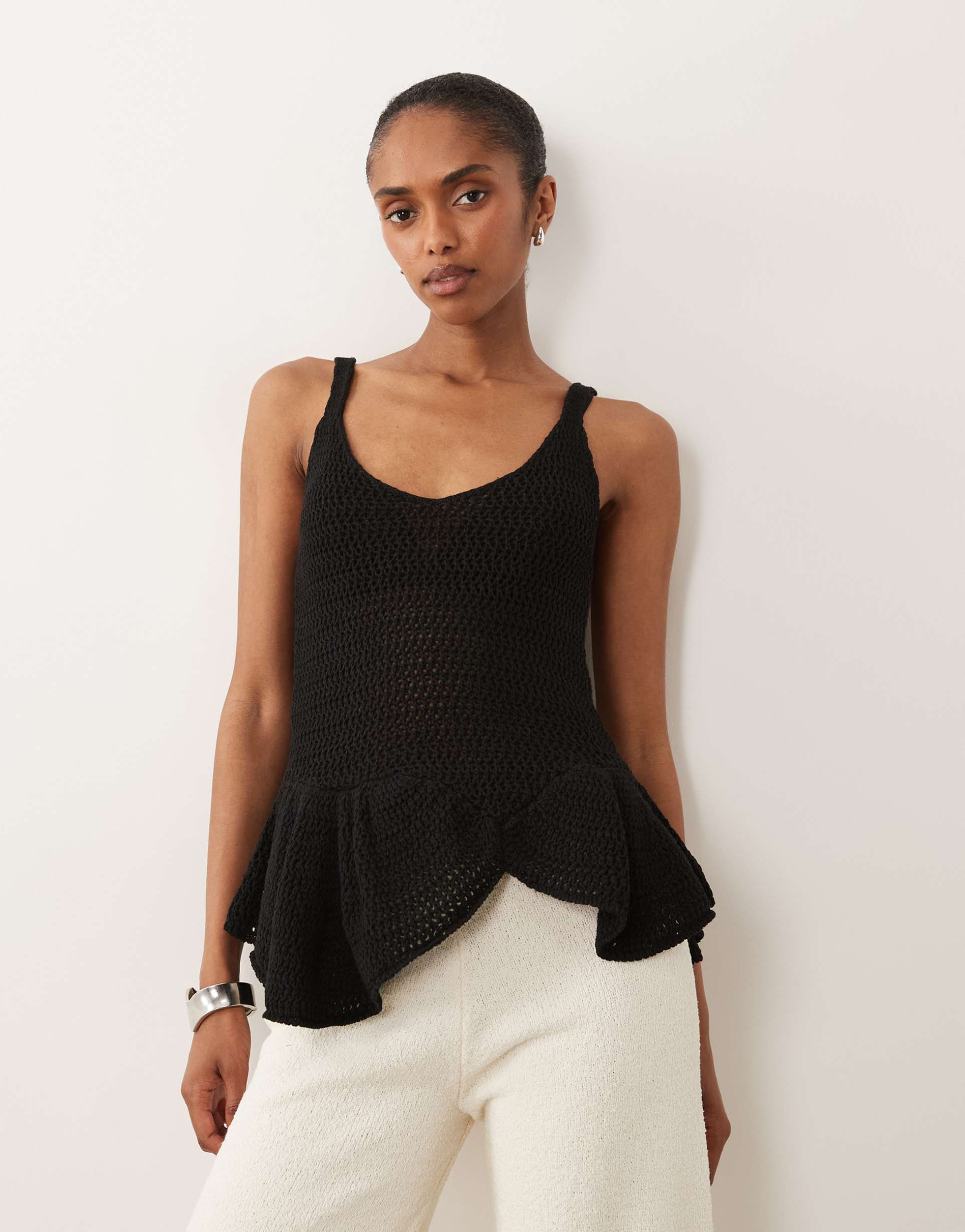 asos design crochet knit summer peplum top in black