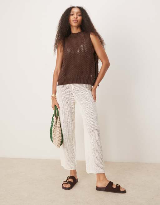 ASOS DESIGN crochet knit tabard tank top with tie sides in brown