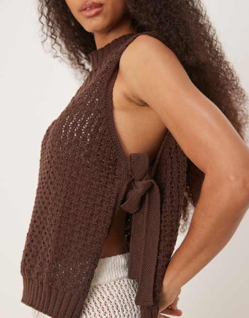 ASOS DESIGN crochet knit tabard tank top with tie sides in brown