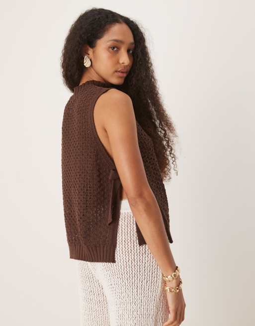ASOS DESIGN crochet knit tabard tank top with tie sides in brown