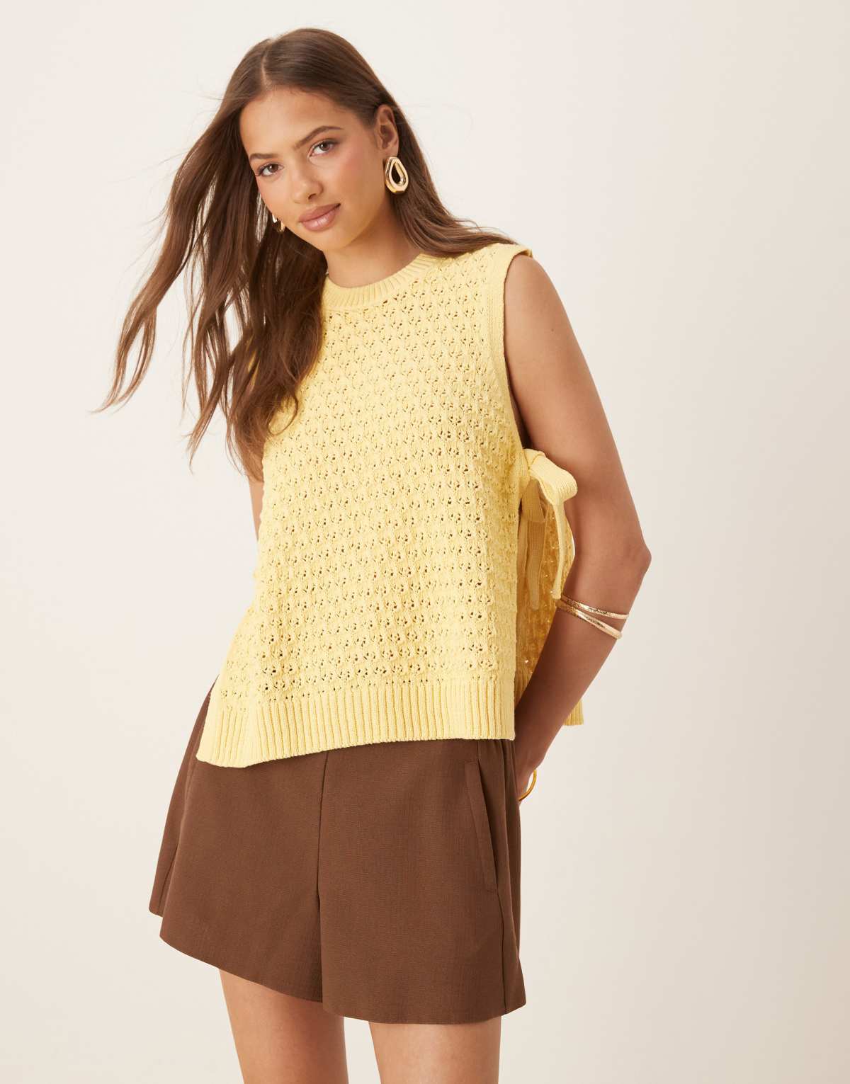 ASOS DESIGN crochet knit tabard vest with tie sides in buttermilk