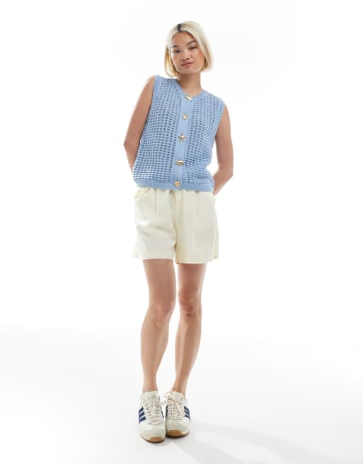 ASOS DESIGN crochet knit tank top with gold buttons in blue