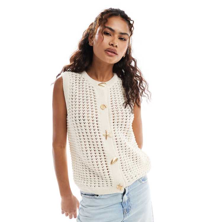 ASOS DESIGN crochet knit tank top with gold buttons in ecru