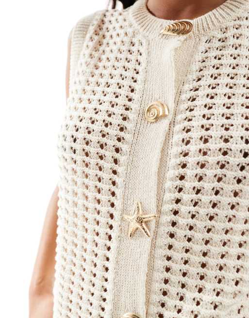 ASOS DESIGN crochet knit tank top with gold buttons in ecru, 3 of 4