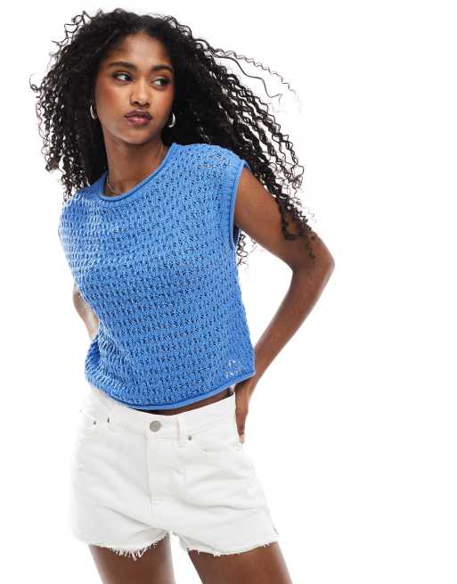ASOS DESIGN crochet knit tank top with open back in light blue