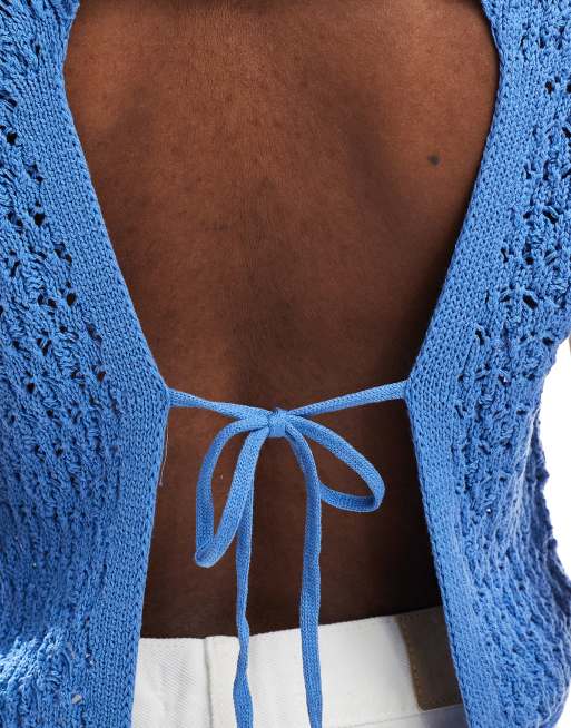 ASOS DESIGN crochet knit tank top with open back in light blue