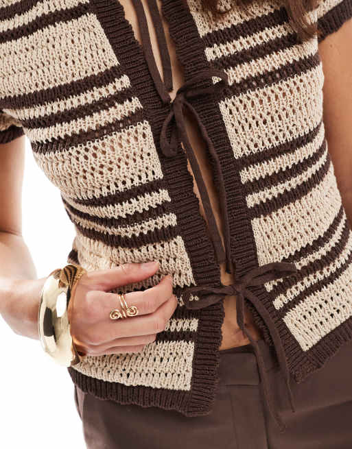ASOS DESIGN crochet knit tie front striped cardigan in beige, 4 of 4