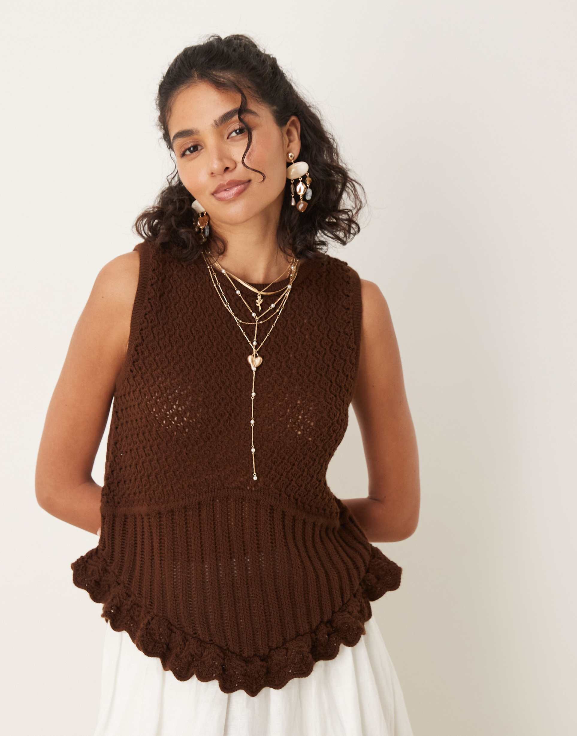 asos design crochet knit top in brown