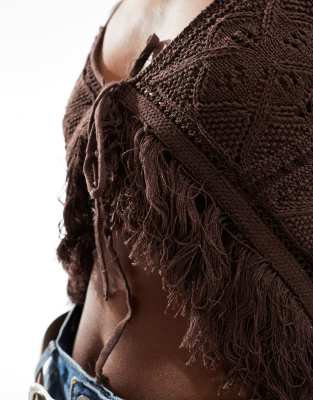 Asos Design Crochet Knit Top With Fringing And Tie Back In Brown