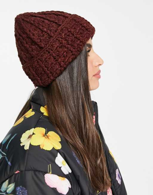 ASOS DESIGN crochet knit turn up beanie in burgundy, 2 of 4