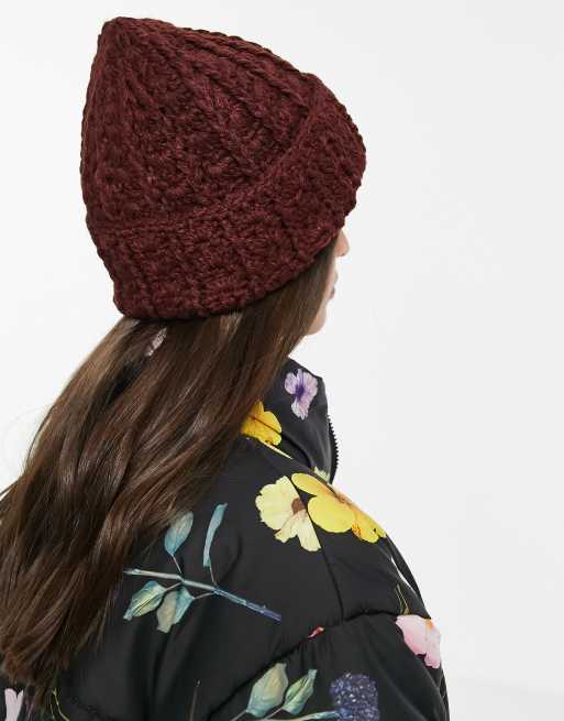 ASOS DESIGN crochet knit turn up beanie in burgundy, 4 of 4