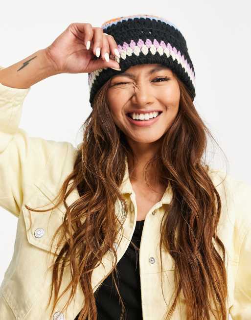 Asos Design Crochet Knit Turn Up Beanie In Multi Stripe Asos