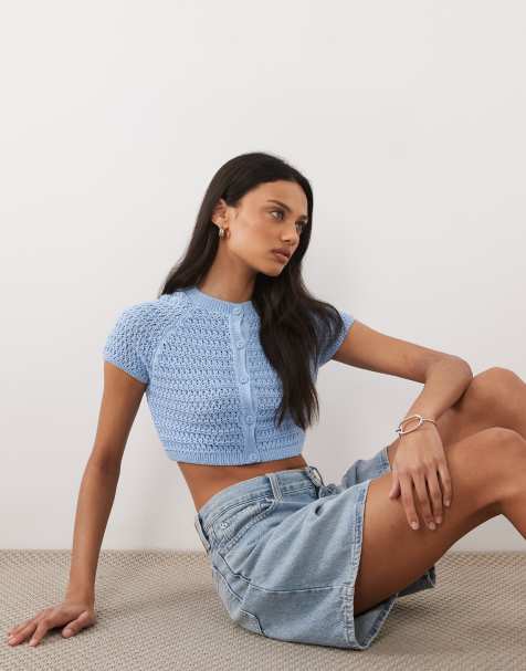 ASOS DESIGN crochet knit ultra cropped cardigan in blue - view 1