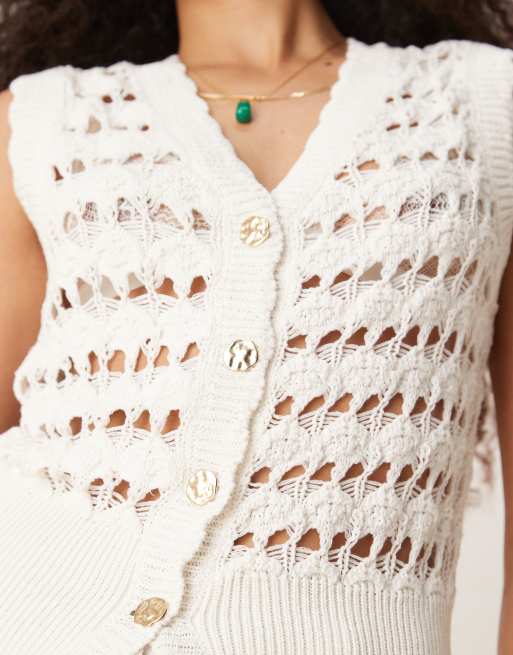 ASOS DESIGN crochet knit vest with scallop trim and gold buttons in white, 4 of 4