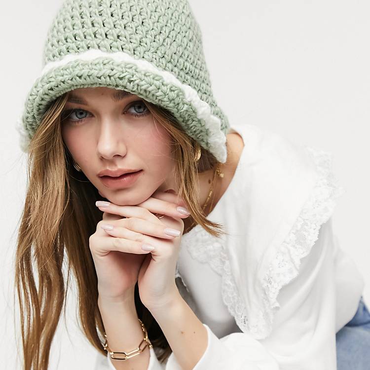ASOS DESIGN crochet knitted bucket hat in sage and cream