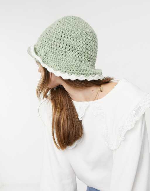 ASOS DESIGN crochet knitted bucket hat in sage and cream, 2 of 4