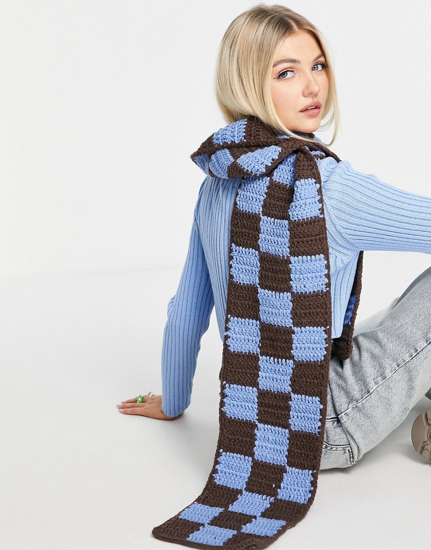 Alternative product photo of Asos design crochet knitted checkerboard scarf in blue and brown - multi