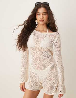 ASOS DESIGN crochet knitted playsuit in ecru-White