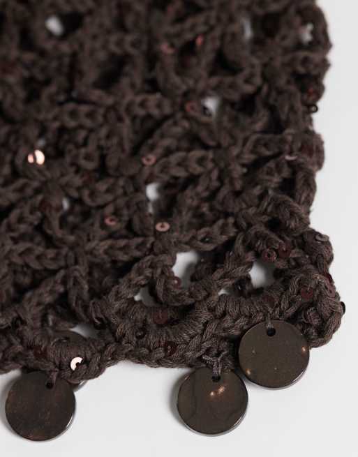 ASOS DESIGN crochet knitted skull cap with faux shell trim in chocolate, 2 of 3