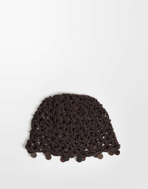 ASOS DESIGN crochet knitted skull cap with faux shell trim in chocolate, 3 of 3
