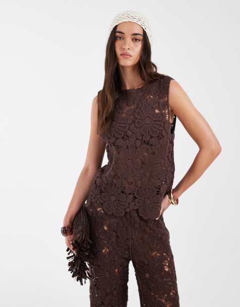 ASOS DESIGN crochet knitted tank co-ord in chocolate