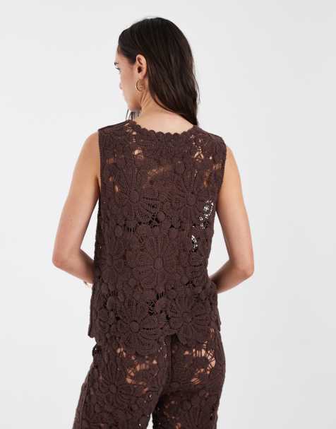 ASOS DESIGN crochet knitted tank & pants set in chocolate - view 1