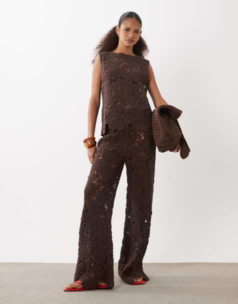 ASOS DESIGN crochet knitted trouser co-ord in chocolate - view 1