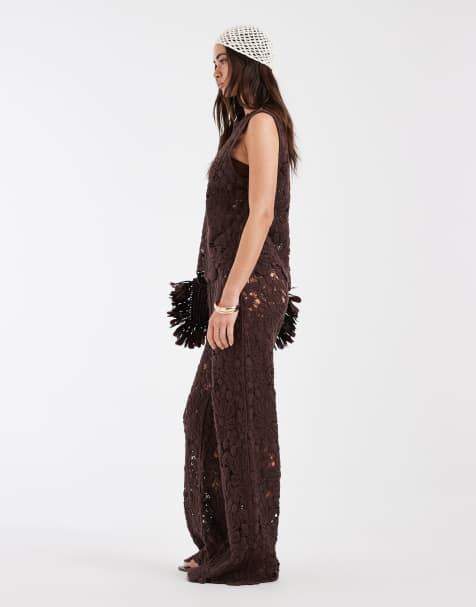 ASOS DESIGN crochet knitted trouser co-ord in chocolate