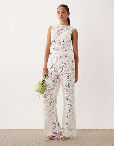 ASOS DESIGN crochet knitted trouser co-ord in white - view 1