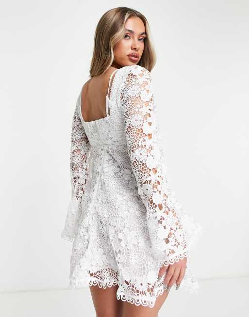 ASOS DESIGN crochet lace cross strap mini dress with flare sleeves