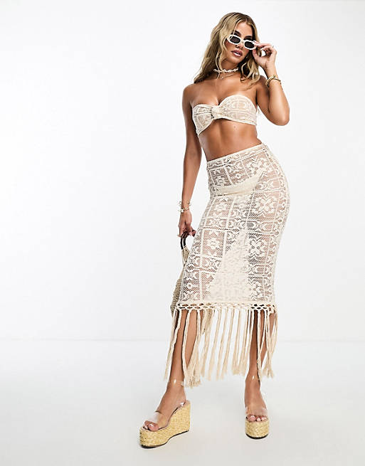 ASOS DESIGN crochet lace maxi beach skirt co-ord with fringing in