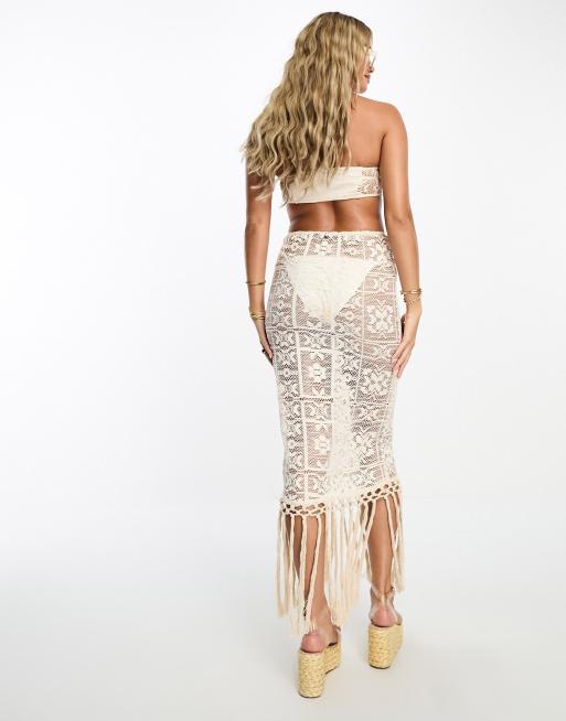 ASOS DESIGN crochet lace maxi beach skirt co-ord with fringing in