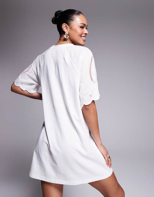ASOS DESIGN crochet lace sleeve T-shirt mini dress in white