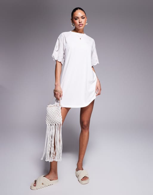 ASOS DESIGN crochet lace sleeve T-shirt mini dress in white