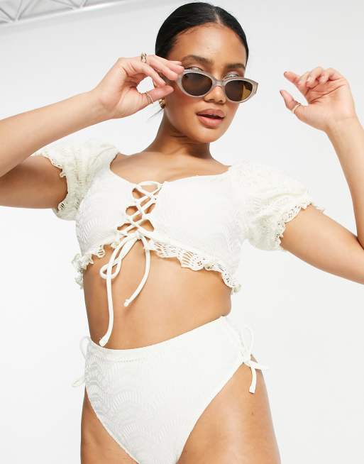 ASOS DESIGN crochet lace up high leg high waist bikini bottom in ivory