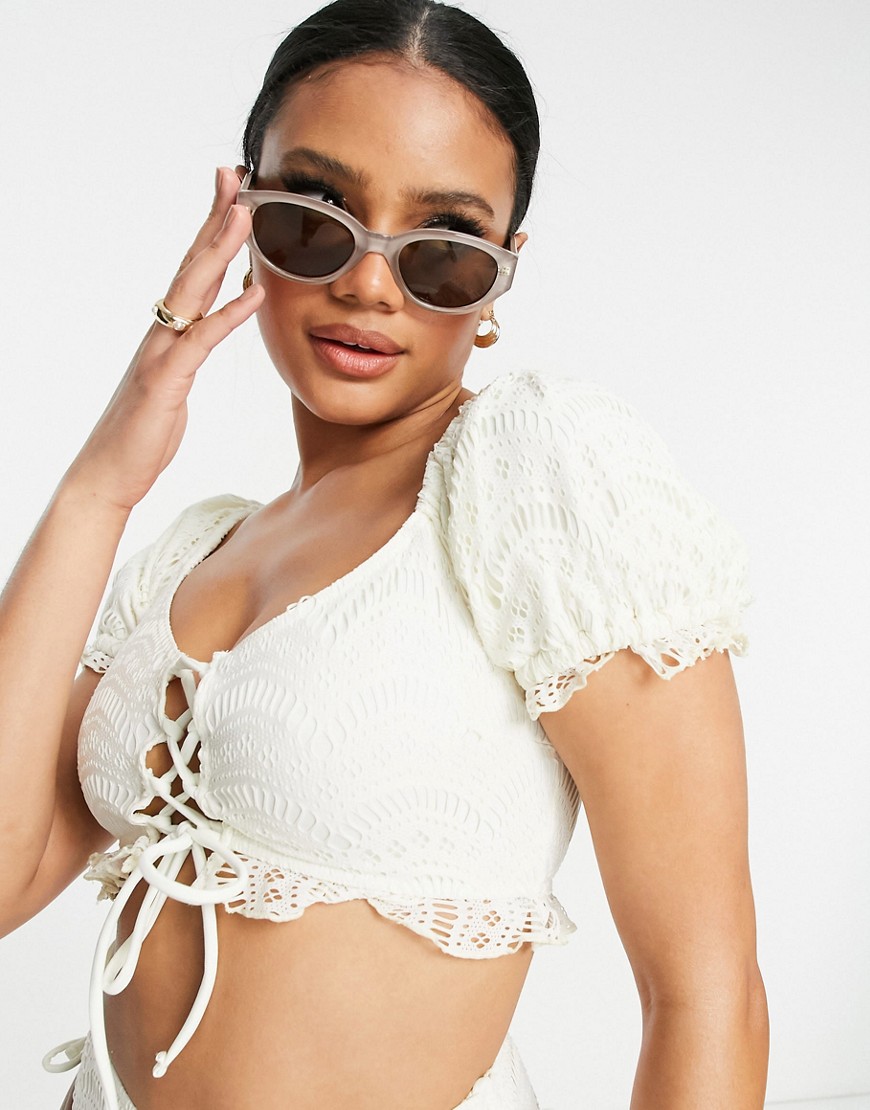 ASOS DESIGN crochet lace up milkmaid bikini top in ivory-White