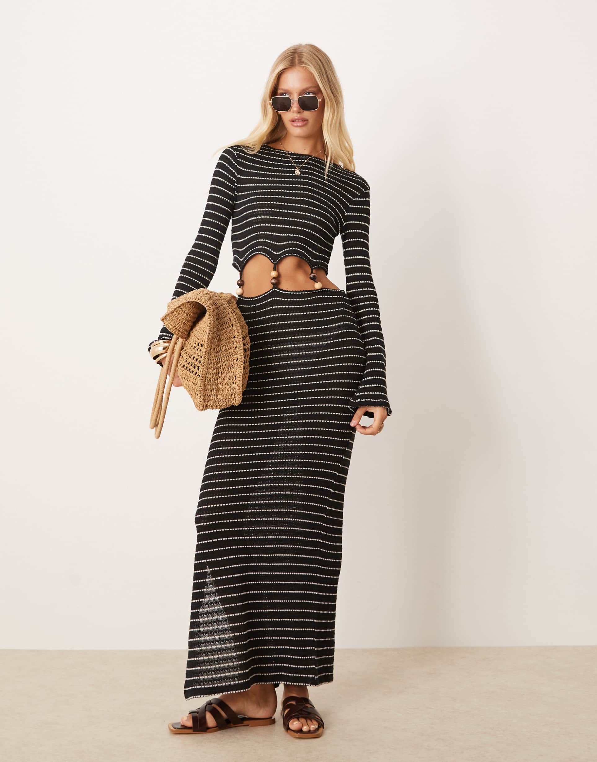 asos design crochet long sleeve cut-out beaded maxi in stripe