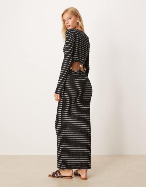 ASOS DESIGN crochet long sleeve cut-out beaded maxi in stripe