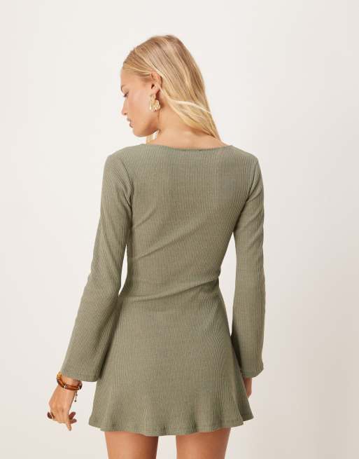 ASOS Design crochet long sleeve hardwear detail mini dress in sage-Green