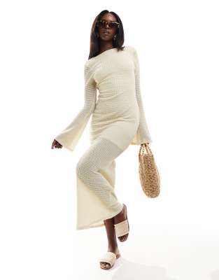 Asos Design Crochet Long Sleeve Maxi Dress With Fluted Sleeve In Cream-white