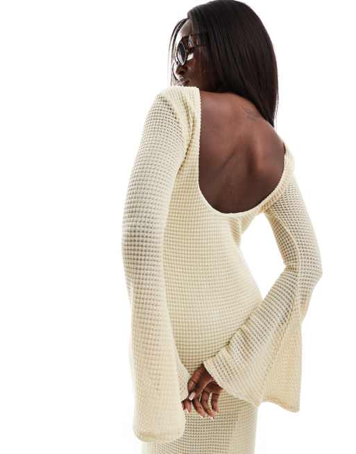 ASOS DESIGN crochet long sleeve maxi dress with fluted sleeve in cream |  ASOS