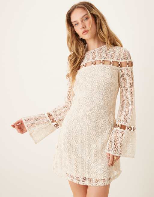 ASOS DESIGN crochet long sleeve mini dress with ring detail in cream