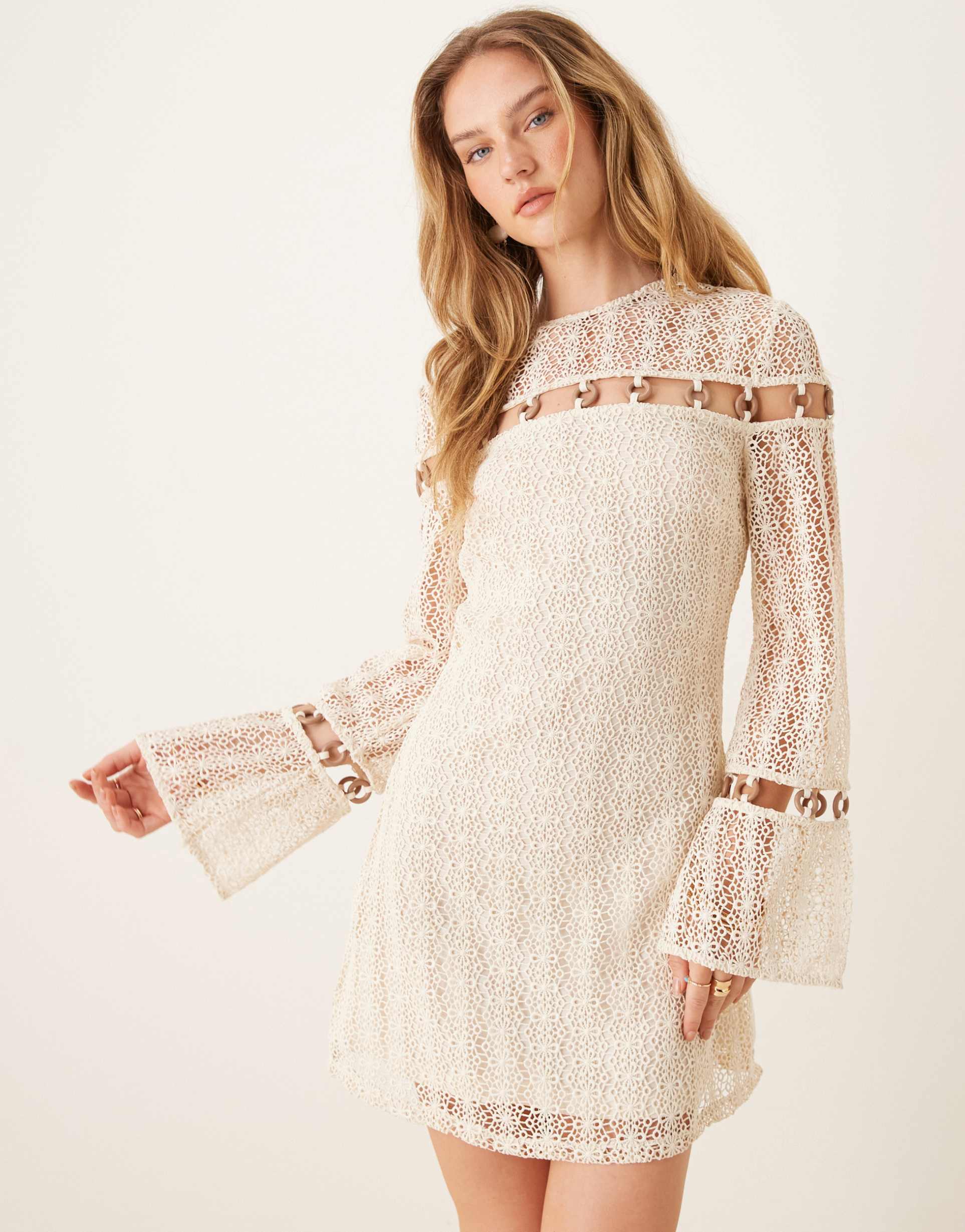 asos design crochet long sleeve mini dress with ring detail in cream