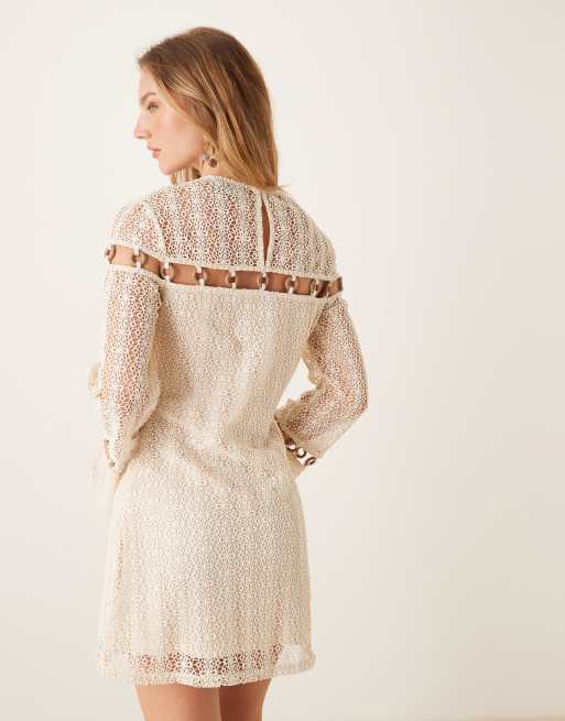 ASOS DESIGN crochet long sleeve mini dress with ring detail in cream