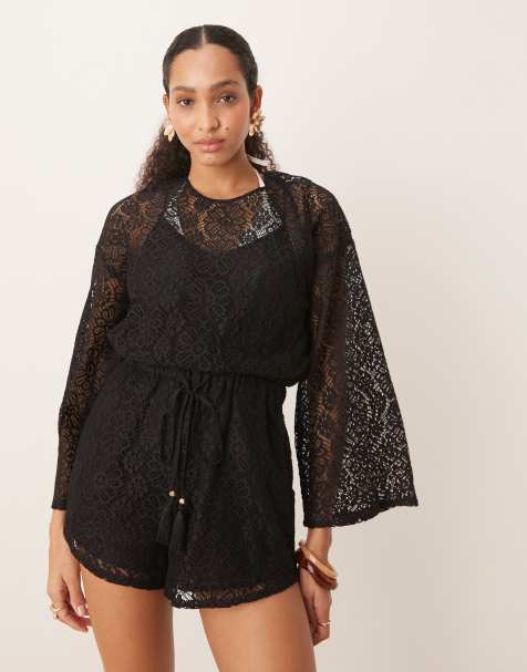 ASOS DESIGN crochet long sleeve mini romper with drawstring in black - view 1