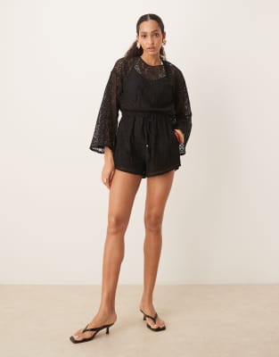 Asos Design Crochet Long Sleeve Mini Romper With Drawstring